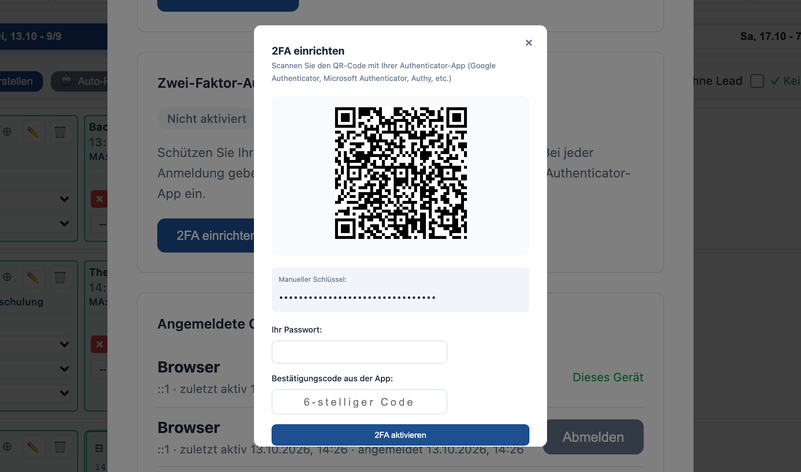 OwnShift Sicherheitseinstellungen: Übersicht der Zwei-Faktor-Authentifizierung aller Benutzer