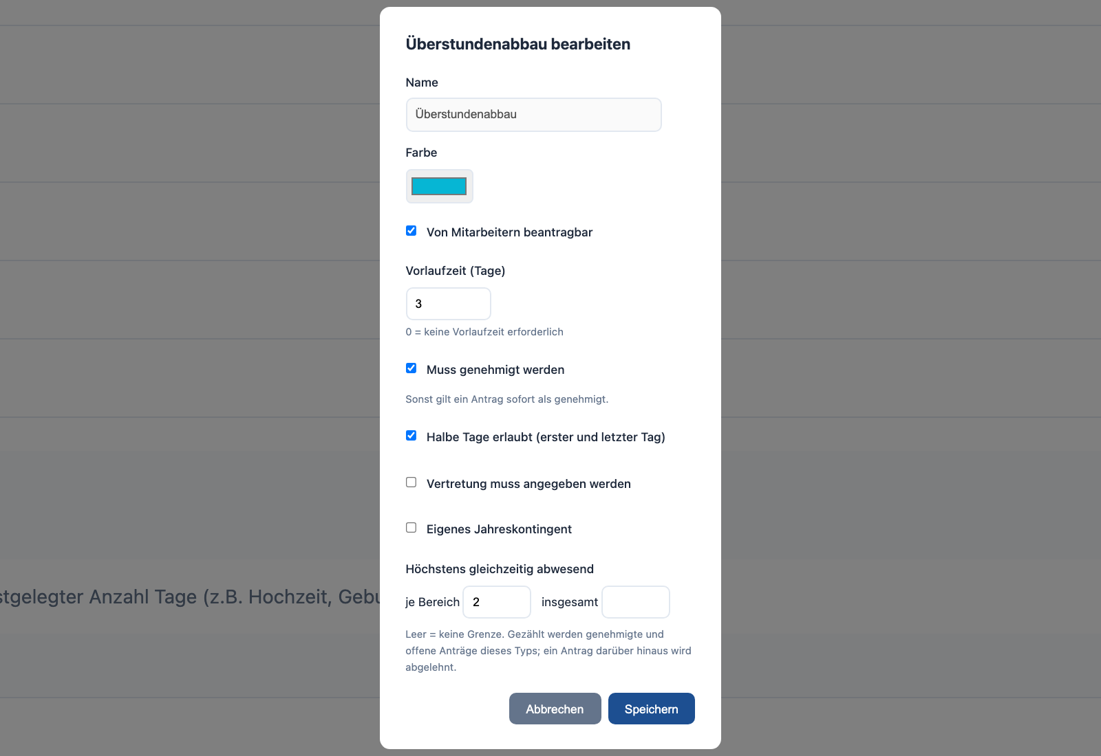 OwnShift Dialog: Abwesenheitstyp bearbeiten mit Genehmigung, Vorlaufzeit und Höchstzahl gleichzeitig Abwesender