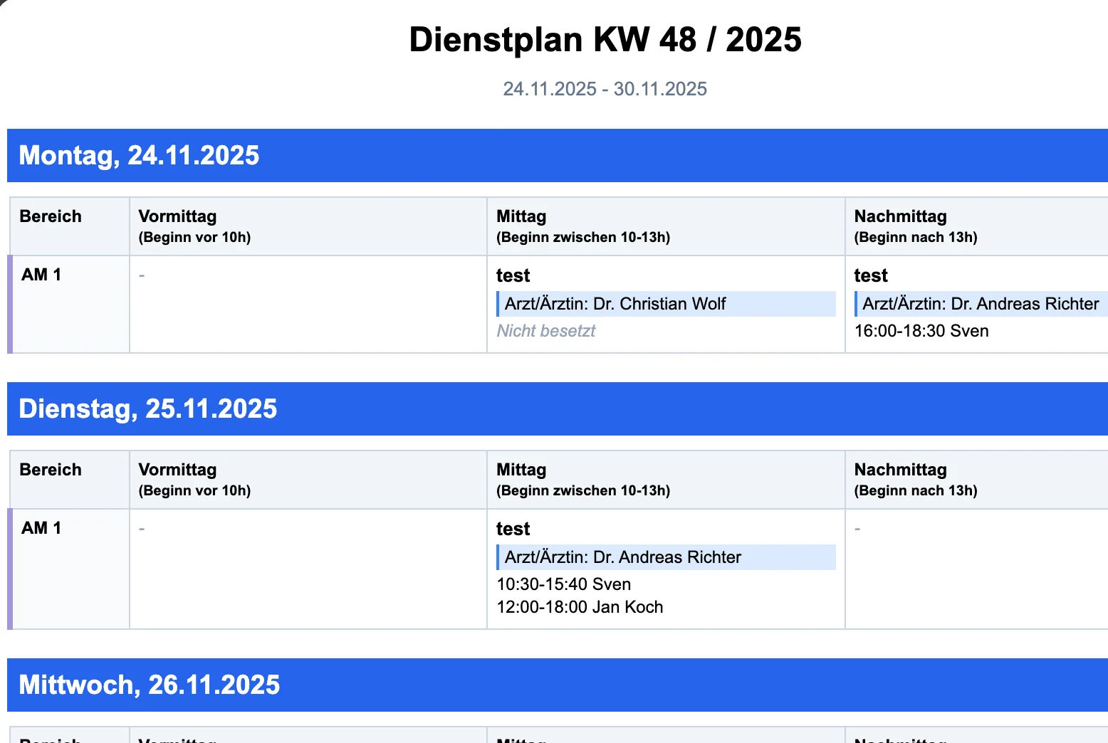 Bereich-Ansicht Export - Übersicht nach Arbeitsbereichen