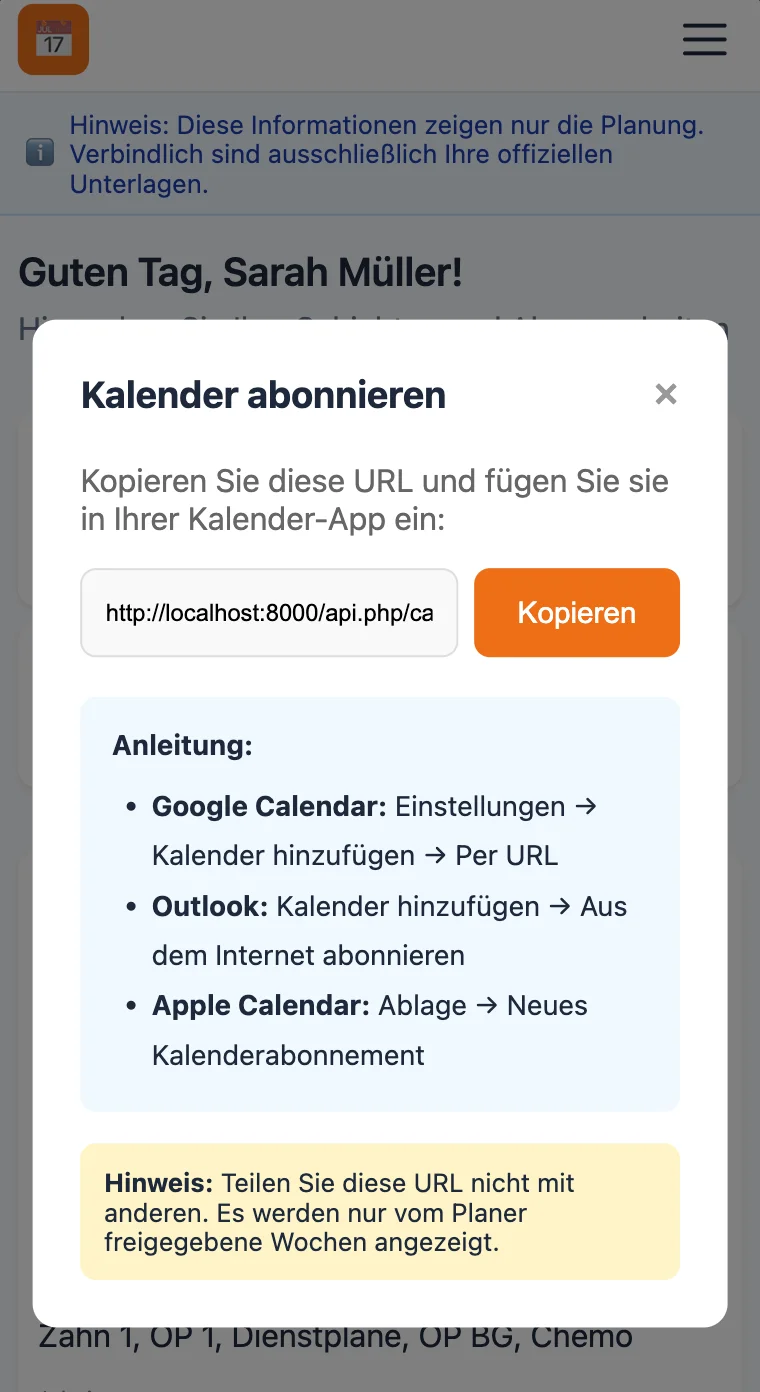 Mitarbeiter-Portal mit Kalender-Abo Funktion