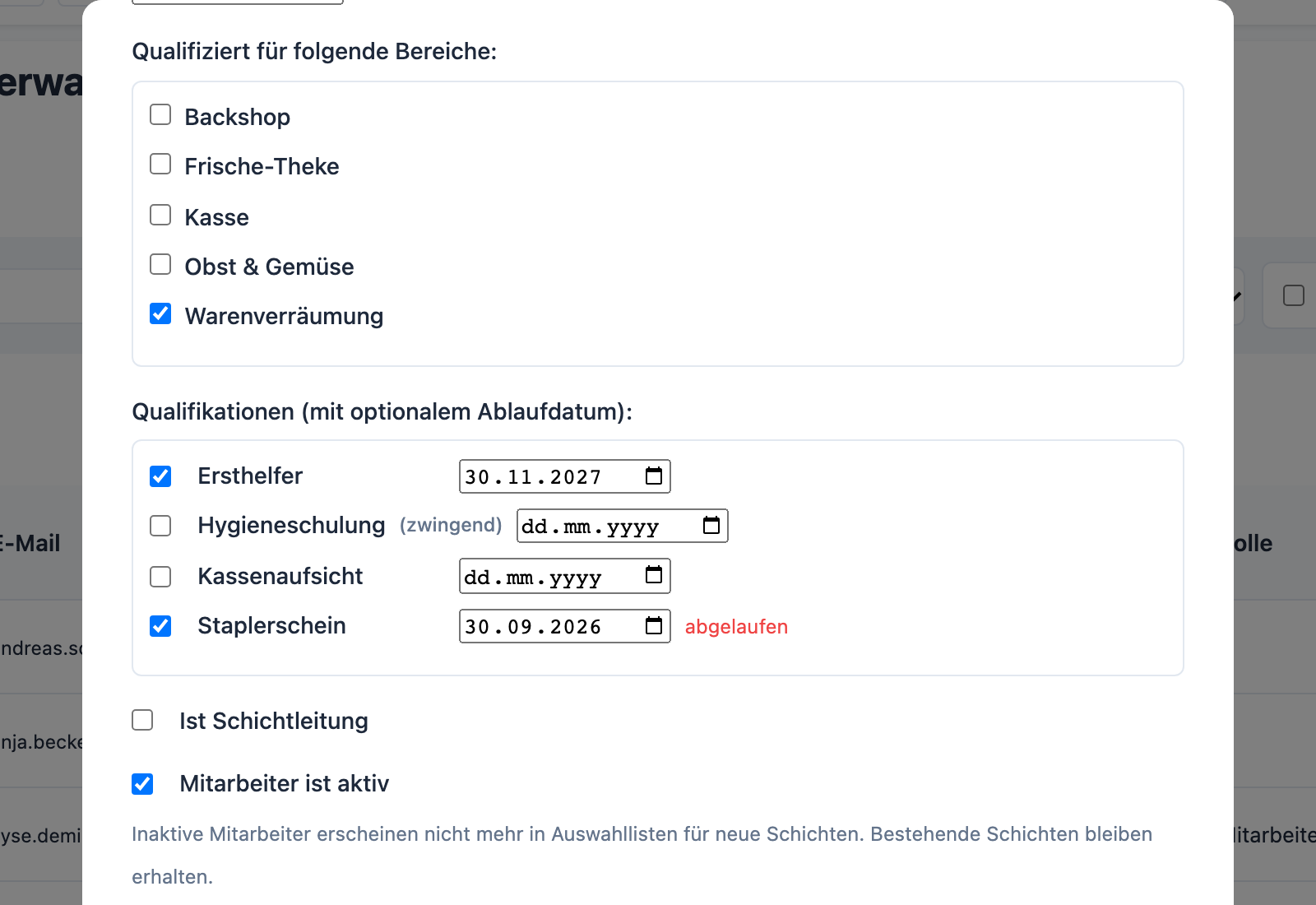 OwnShift Mitarbeiter-Dialog: Bereiche und Qualifikationen mit Ablaufdatum, eine Qualifikation abgelaufen