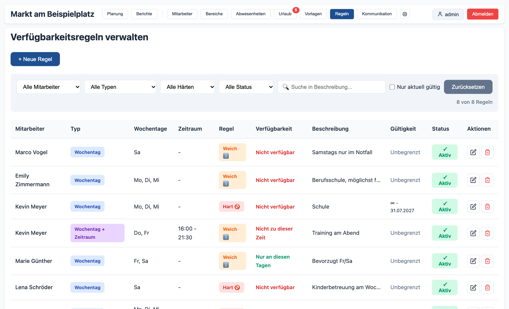 OwnShift: Verfügbarkeitsregeln je Mitarbeiter mit harten und weichen Regeln