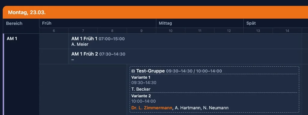 Schichtgruppen im Dark-Mode-Display – Zeitvarianten übersichtlich dargestellt im Nachtmodus