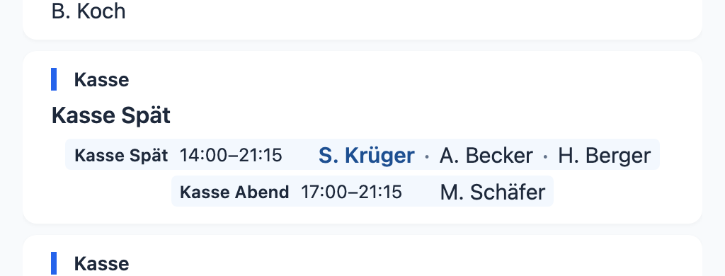 Schichtgruppen im Dienstplan-Display – Zeitvarianten mit Gruppenname und zugewiesenen Mitarbeitern in der Tagesübersicht