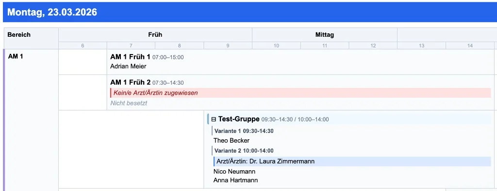 Schichtgruppen im Dienstplan-Display – Zeitvarianten mit Gruppenname und zugewiesenen Mitarbeitern in der Tagesübersicht
