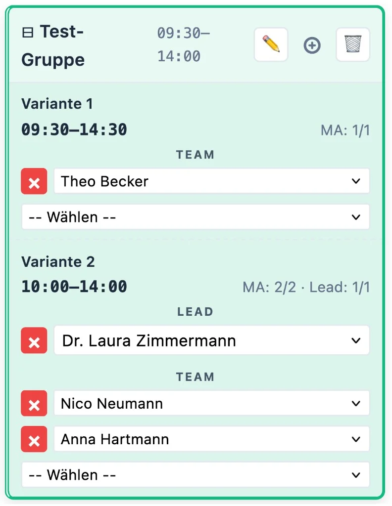 Dienstplan Software mit Schichtgruppen – zusammengehörige Schichten mit verschiedenen Zeiten als Gruppe in der Wochenplanung