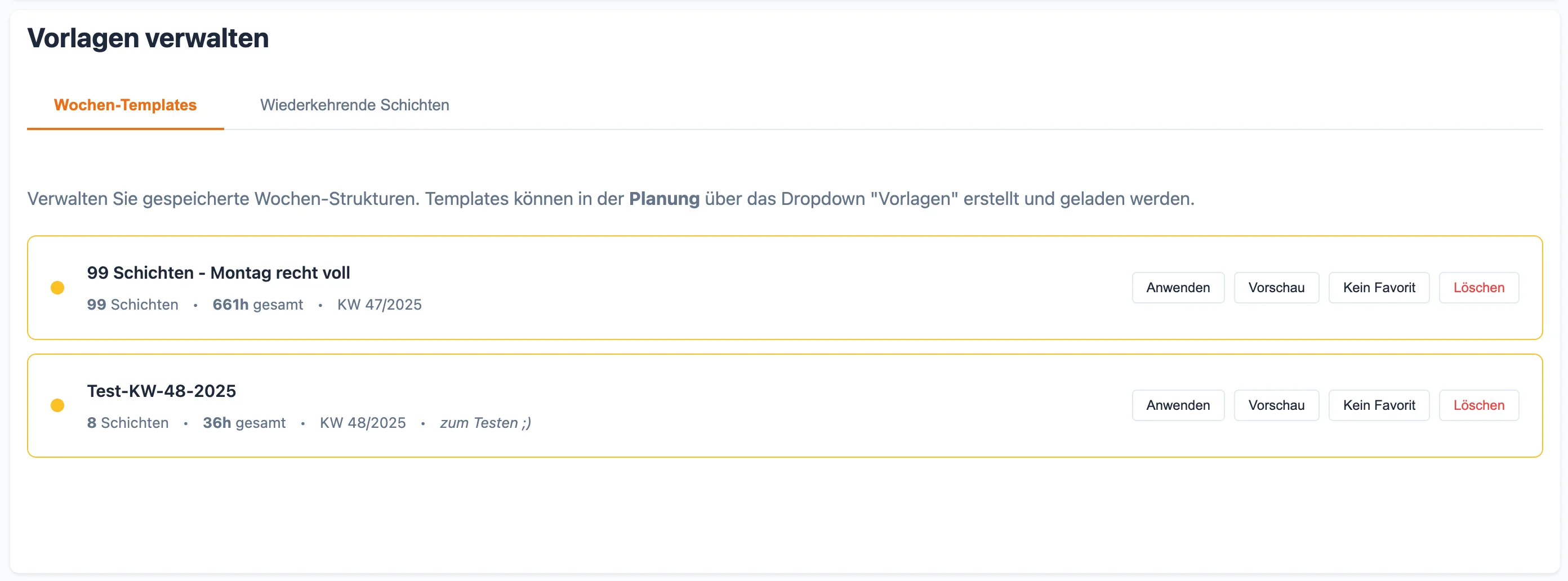 Wochen-Vorlagen Dropdown